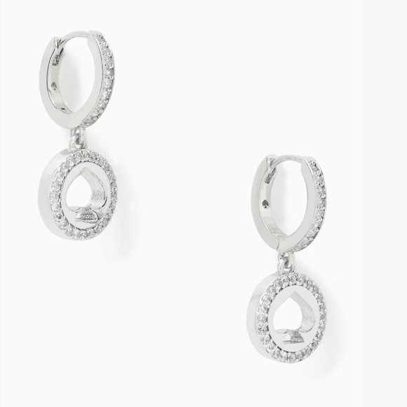 NEW Kate Spade Spot The Spade Pave Huggies Drop Dange Earrings Silver Clear - Picture 1 of 8